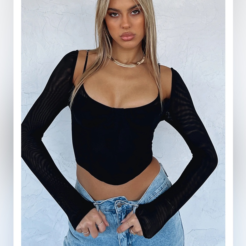 white fox mesh Treat Me Well Long Sleeve Bustier black